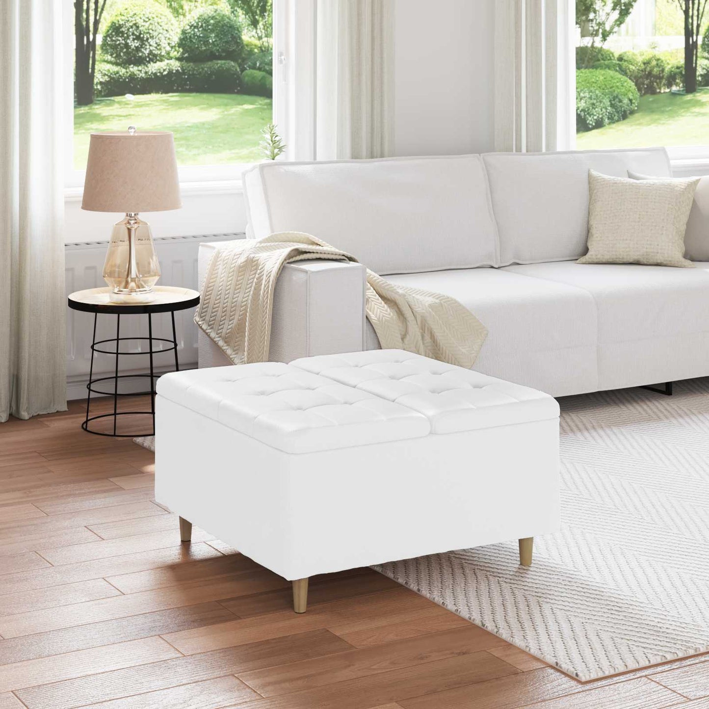 Opbevaringstomane med pude Hvid 80 x 80 x 45 cm Kunstlæder