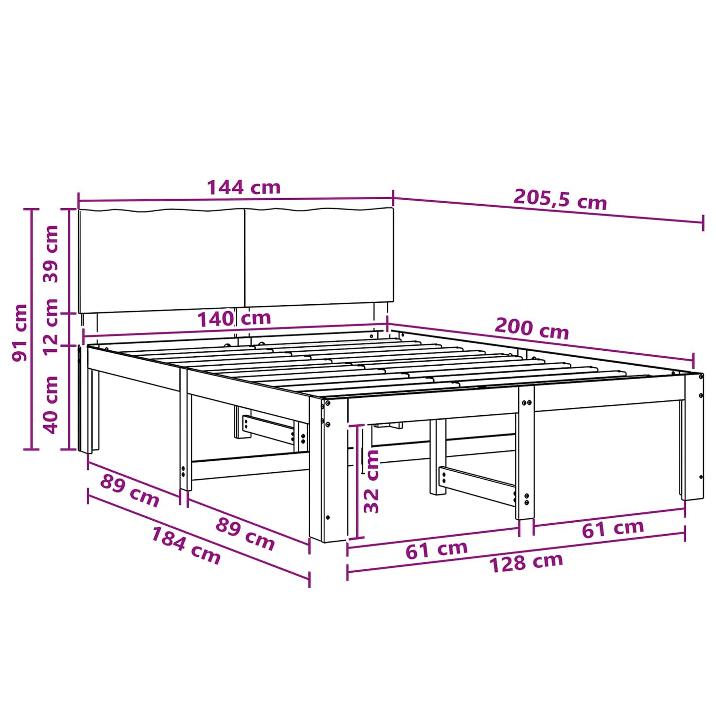 Dobbelt Sengestel med Hovedgærde ROSTOCK Hvid 140 x 200 cm