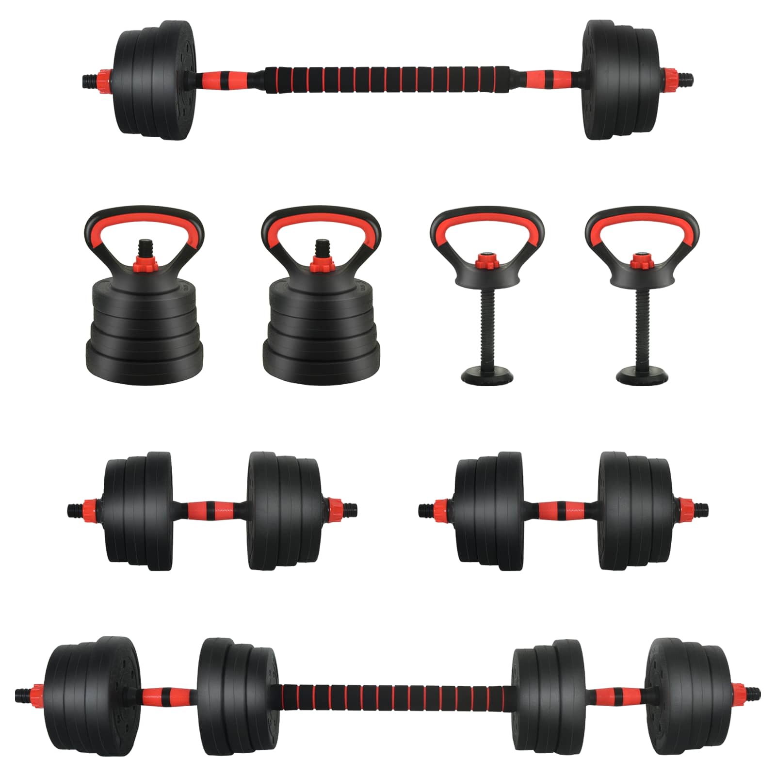4-i-1 Håndvægte Barbell Kettlebell Sæt 20 kg Sort og rød billede