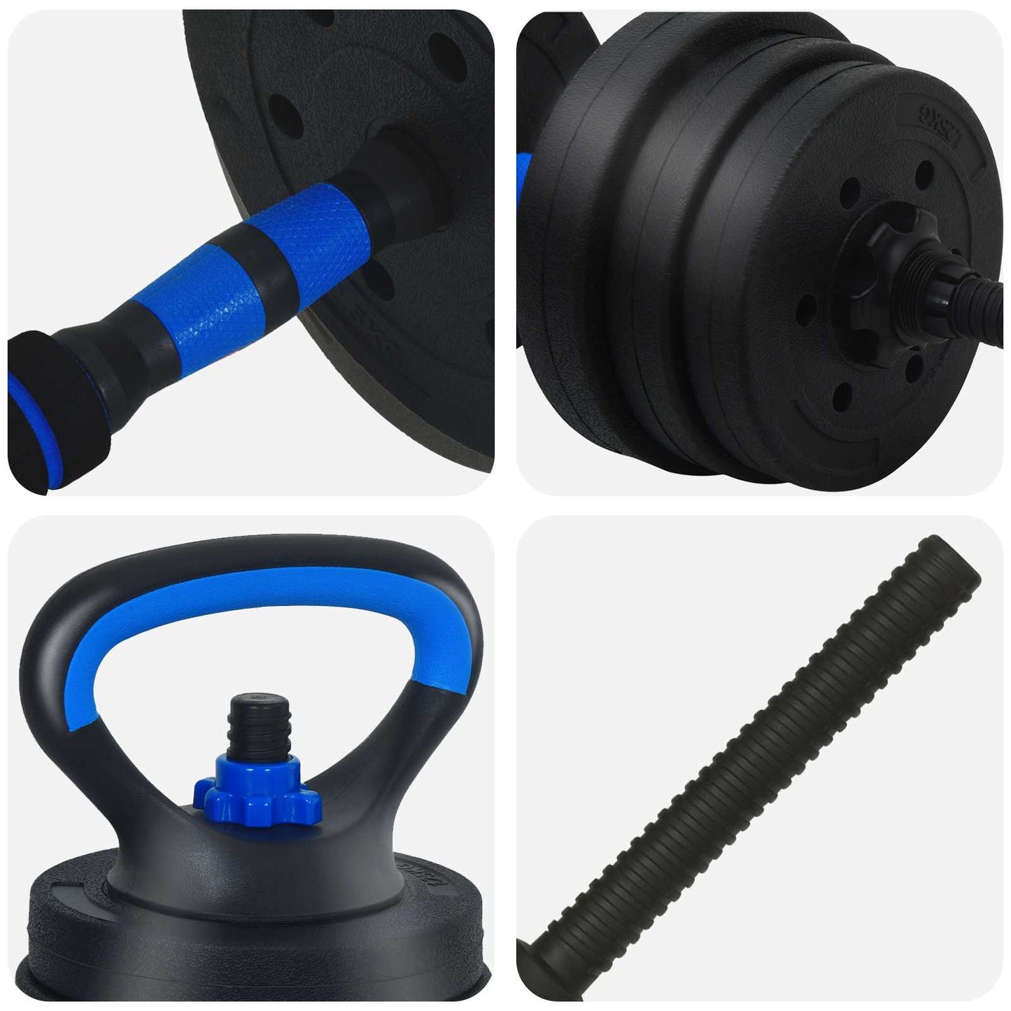4-i-1 Dumbbell Barbell Kettlebell Sæt 20 kg Sort og Blå