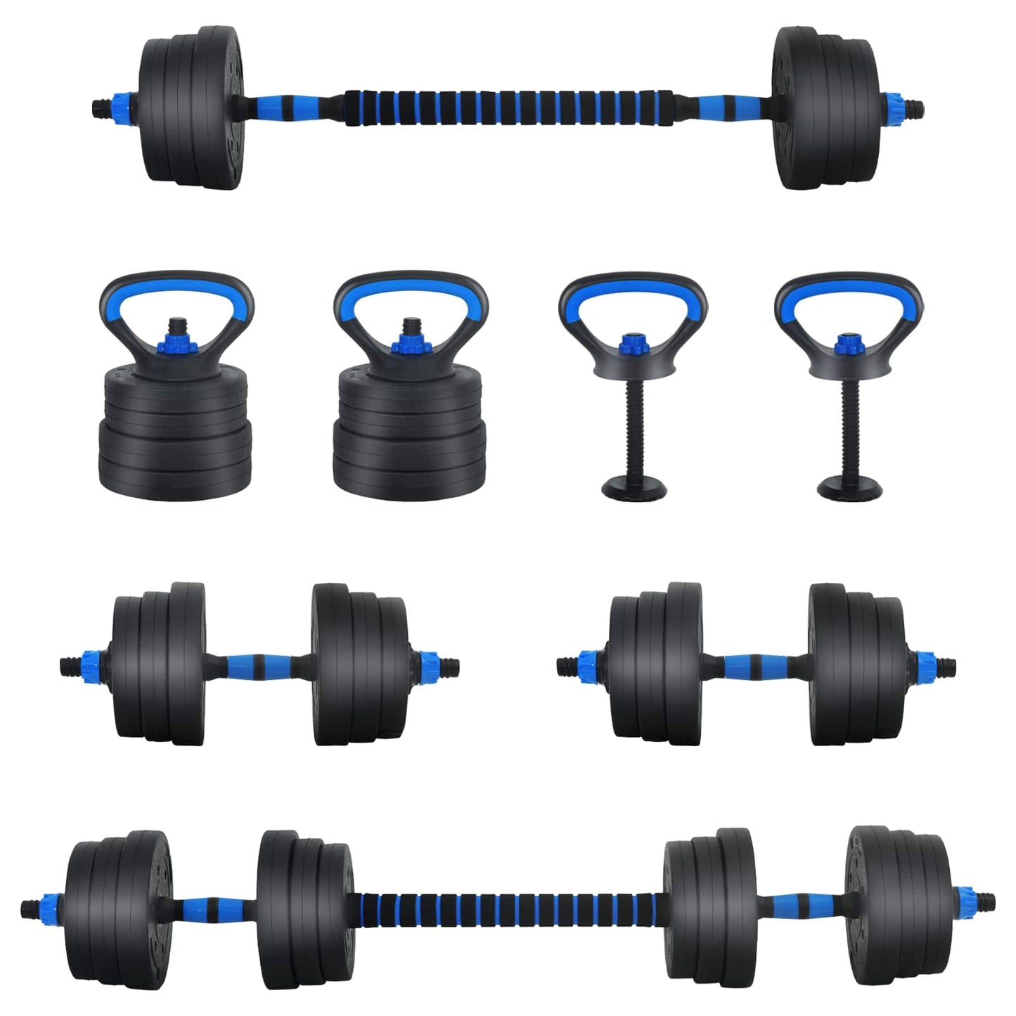 4-i-1 Dumbbell Barbell Kettlebell Sæt 20 kg Sort og Blå