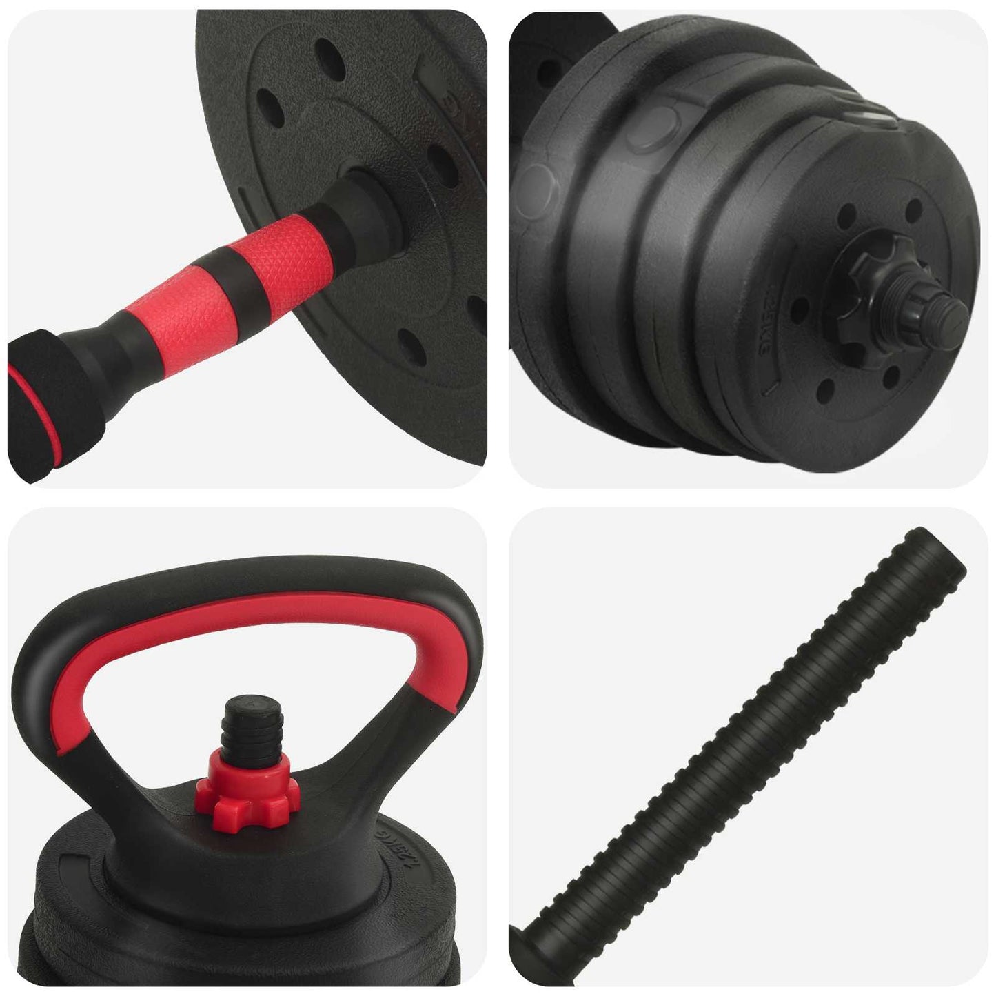 4-i-1 Dumbbell Barbell Kettlebell Sæt 30 kg Sort og rød