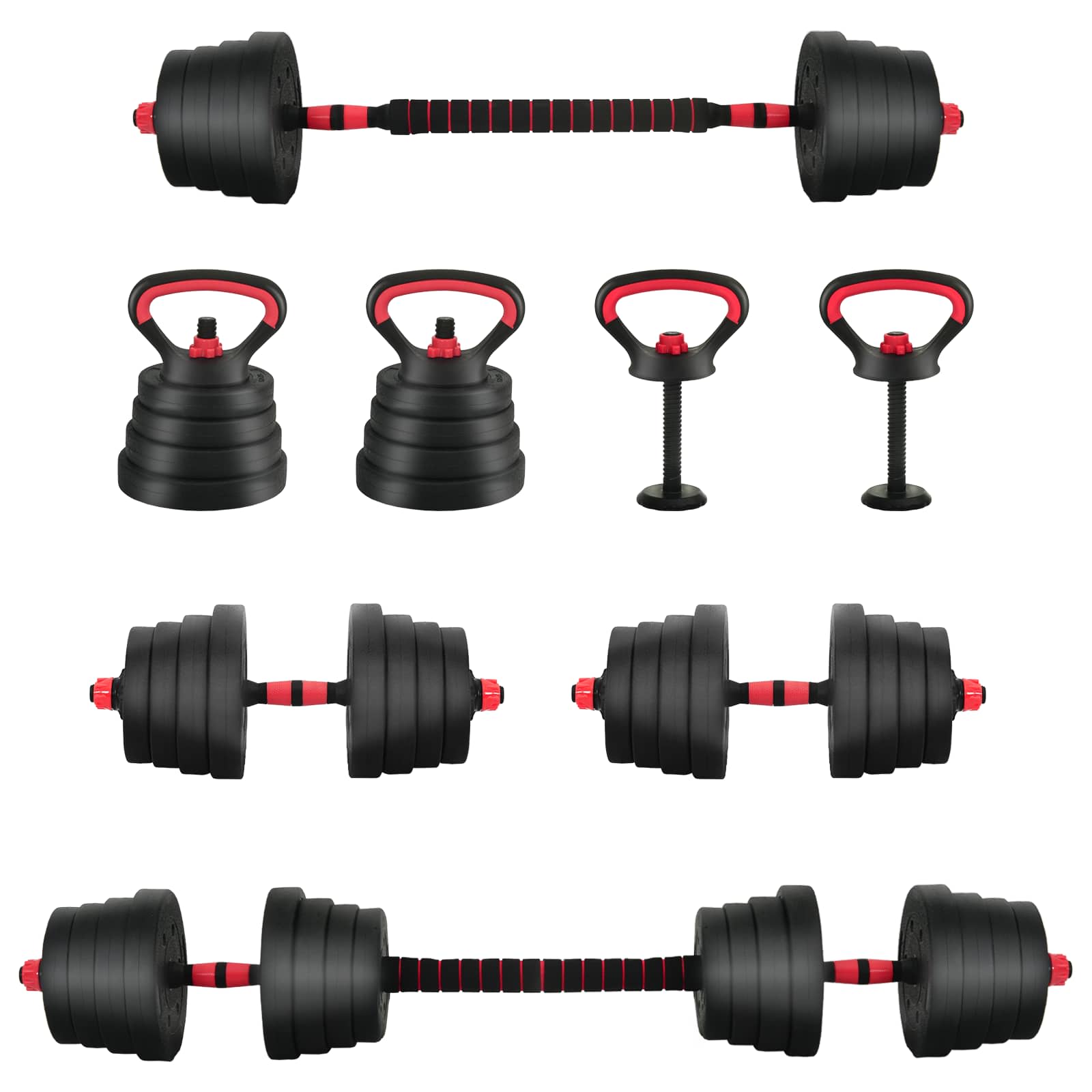 4-i-1 justerbart håndvægt-/vægtstang-/kettlebell-sæt 30 kg - sort/rød