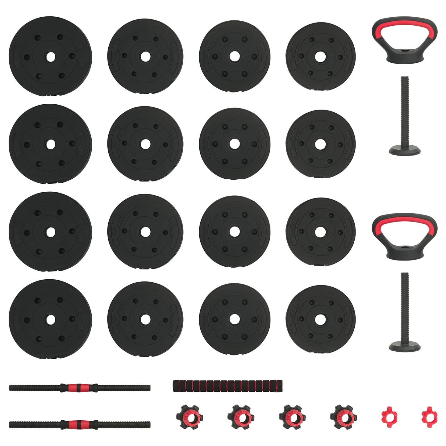 4-i-1 Dumbbell Barbell Kettlebell Sæt 30 kg Sort og rød