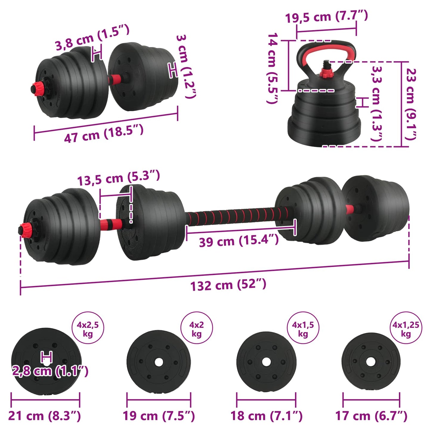 4-i-1 Dumbbell Barbell Kettlebell Sæt 30 kg Sort og rød