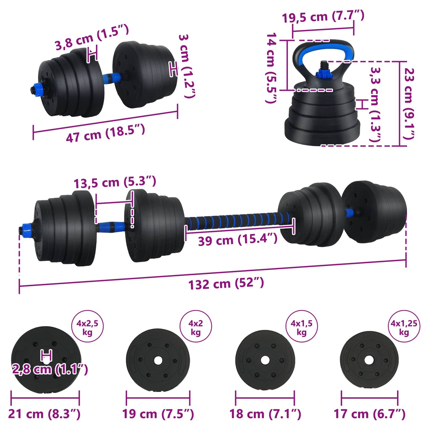 4-i-1 Håndvægte Barbell Kettlebell Sæt 30 kg Sort og Blå