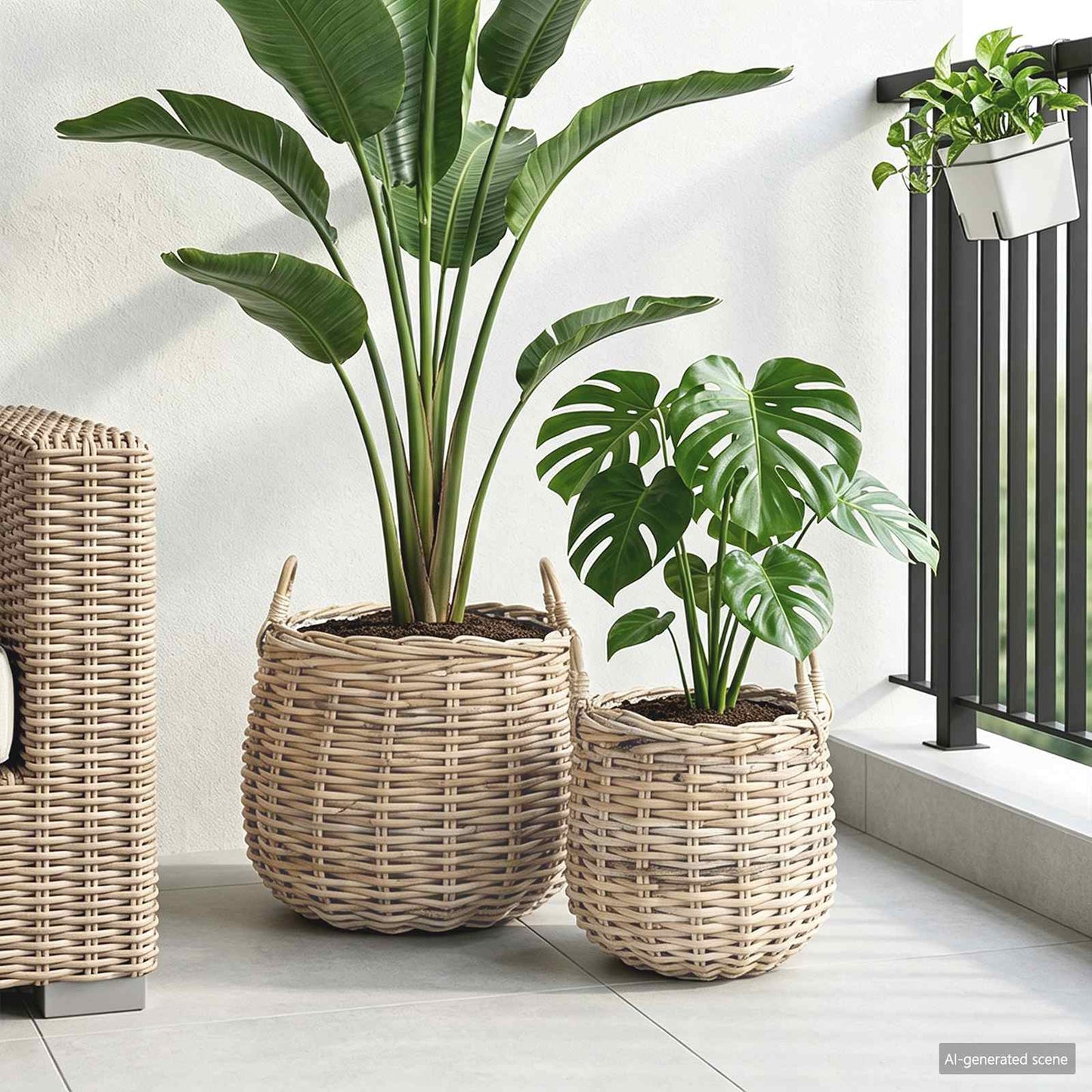 Plantekurv med opbevaring 2 stk. Naturlig grå Kubu rattan