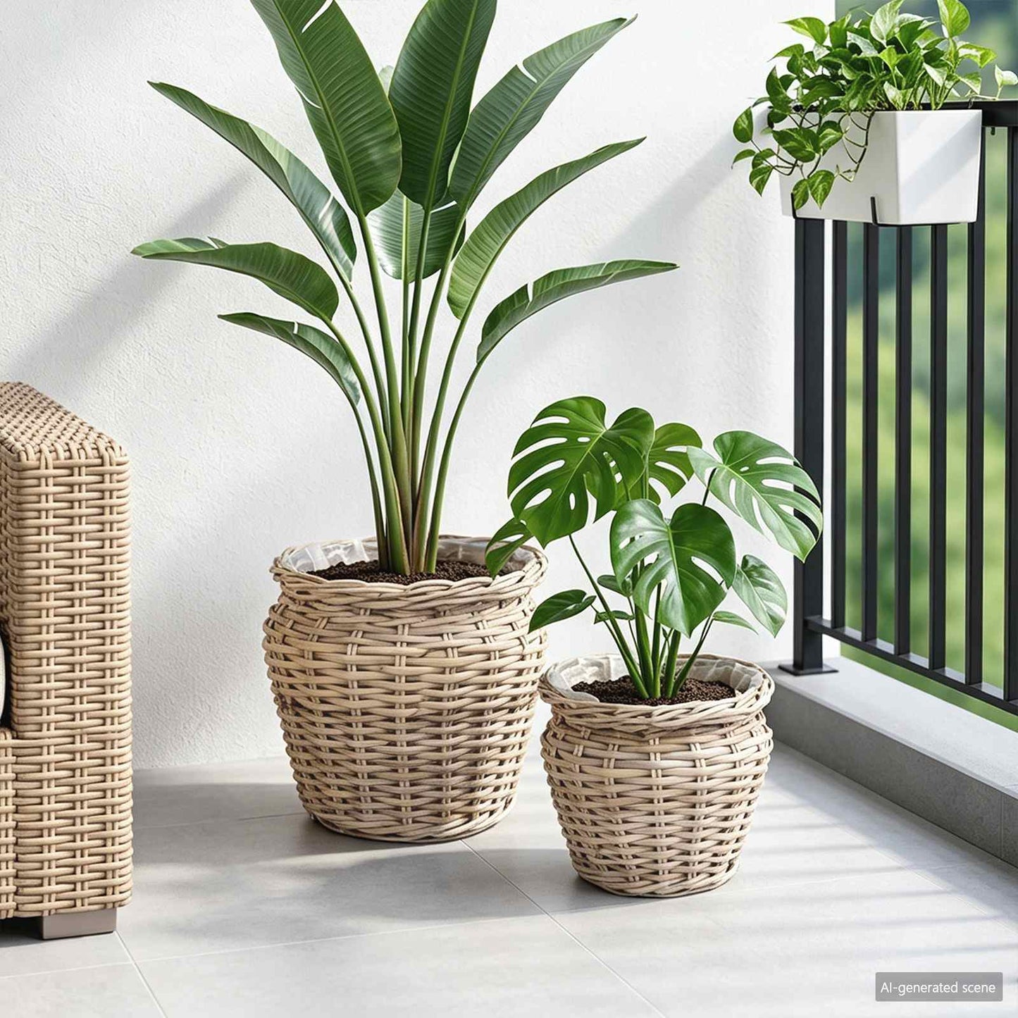 Plantekurv med opbevaring 2 stk. Naturlig grå Kubu rattan
