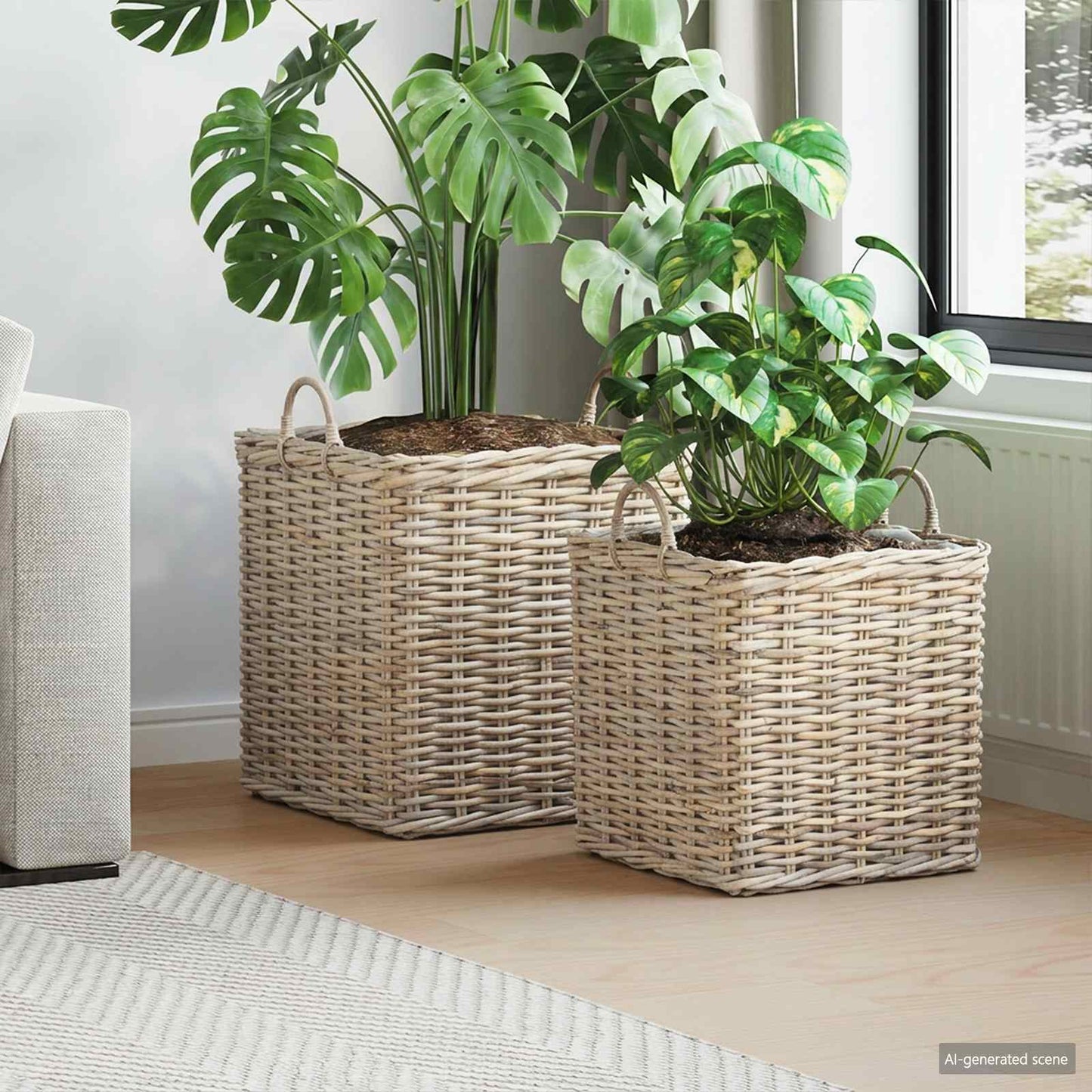 Blomsterkurv med opbevaring 2 stk. Naturlig grå Kubu rattan