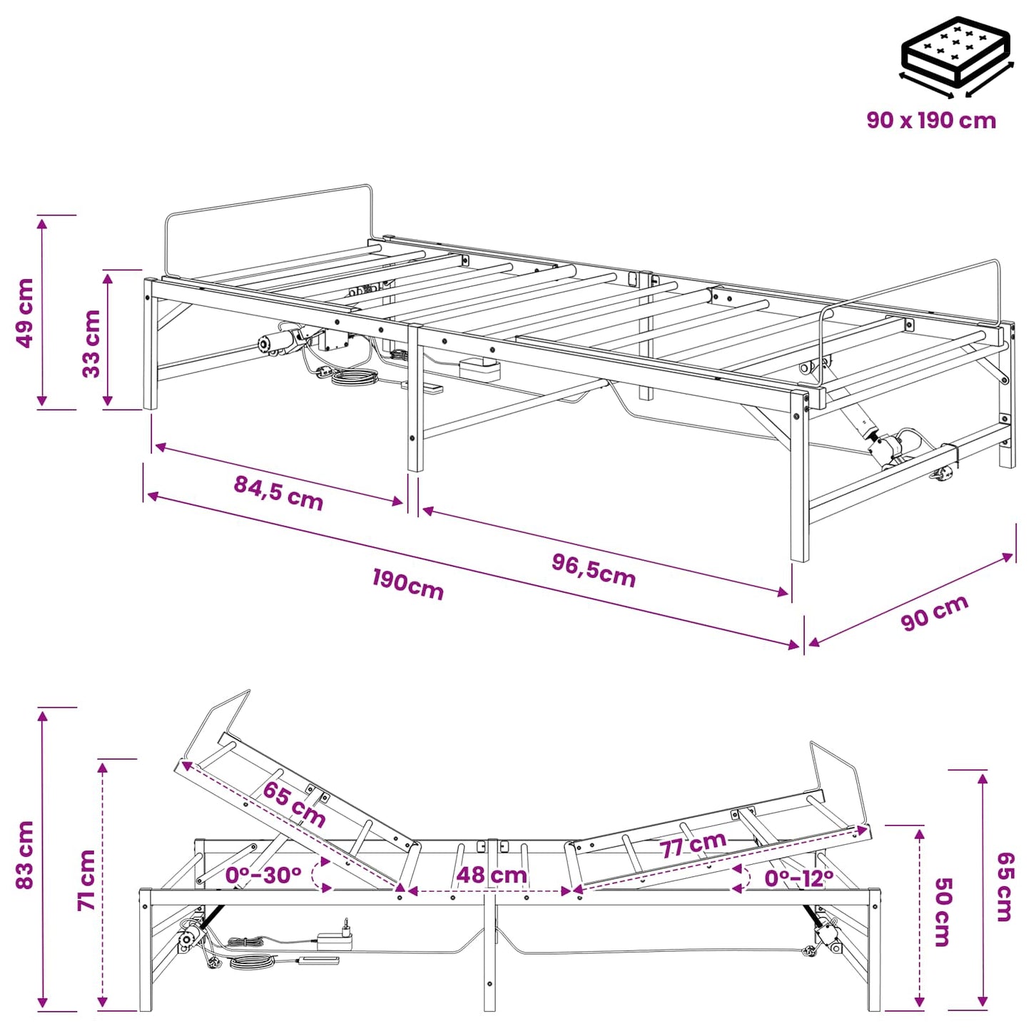Elektrisk Justerbar Sengetramme Sort 90 x 190 cm Stål