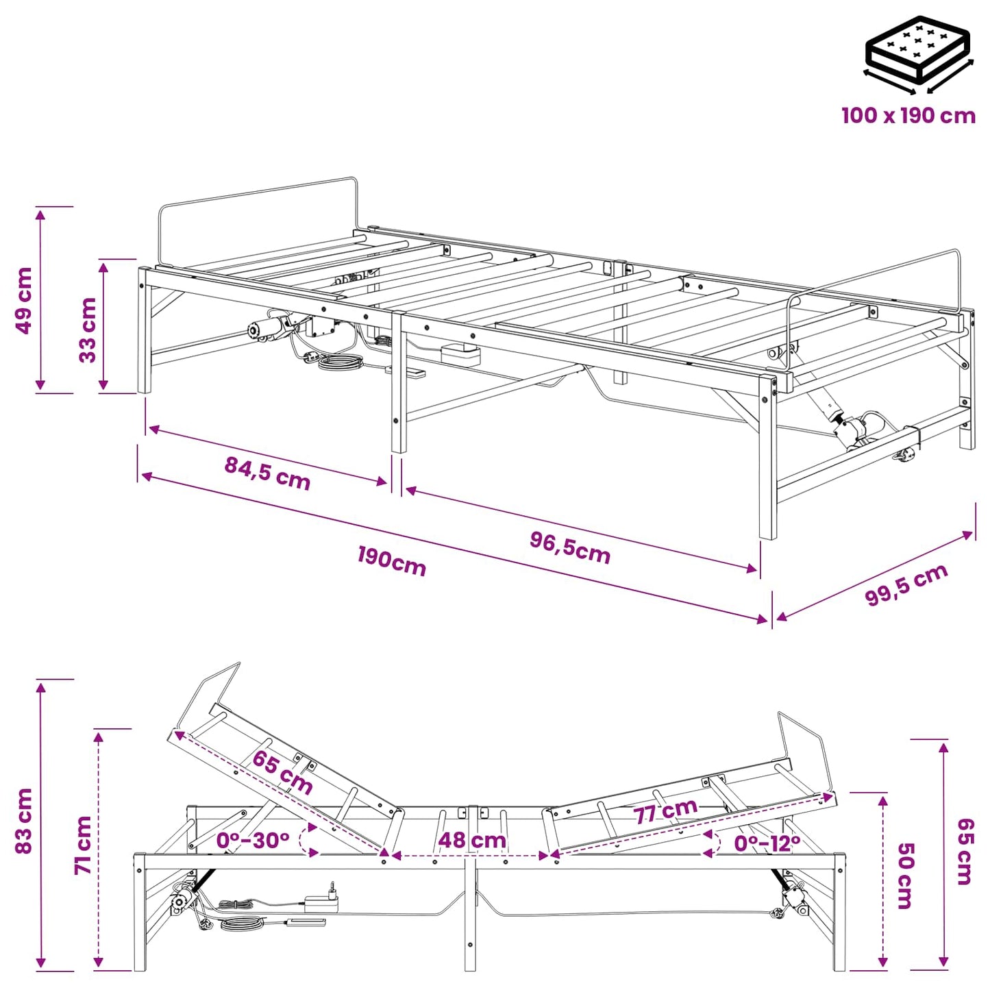 Elektrisk Justerbar Sengetramme Sort 100 x 190 cm Stål