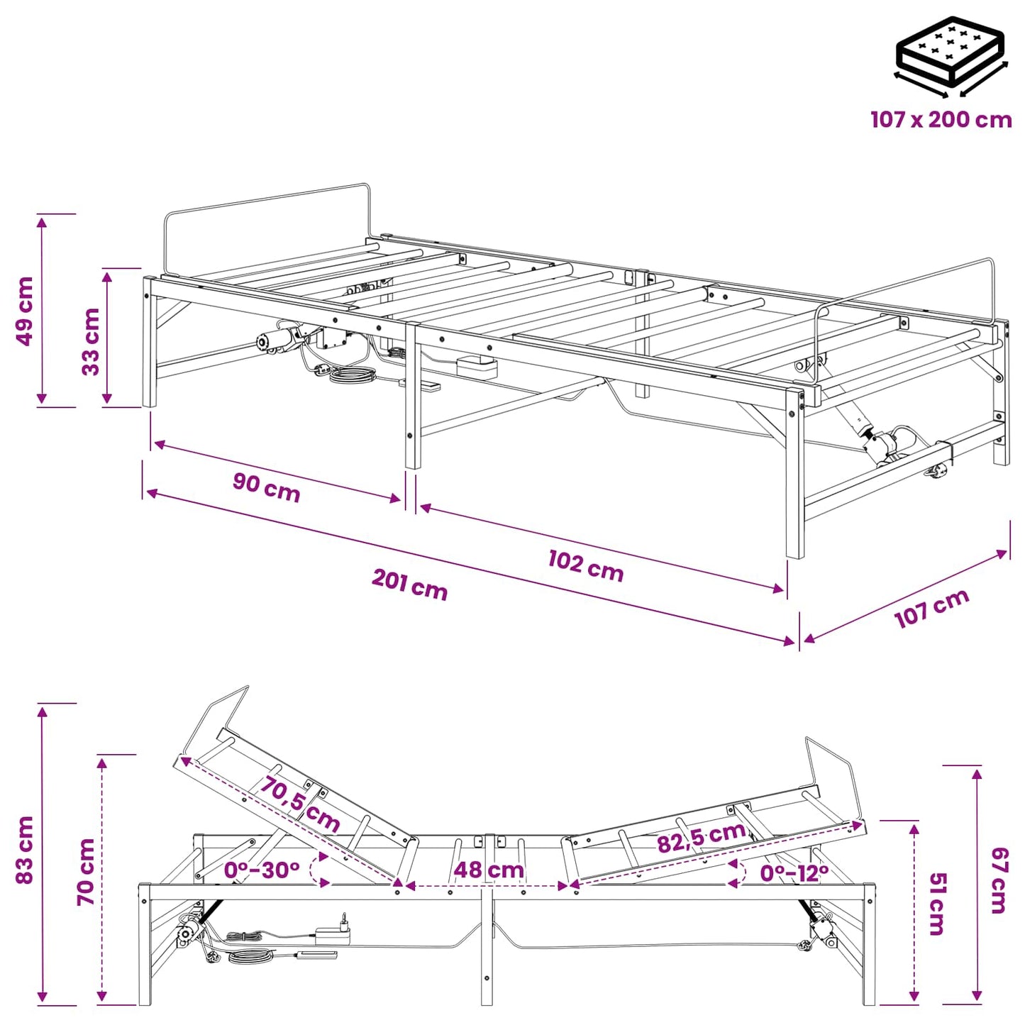 Elektrisk Justerbar Sengetramme Sort 107 x 200 cm Stål