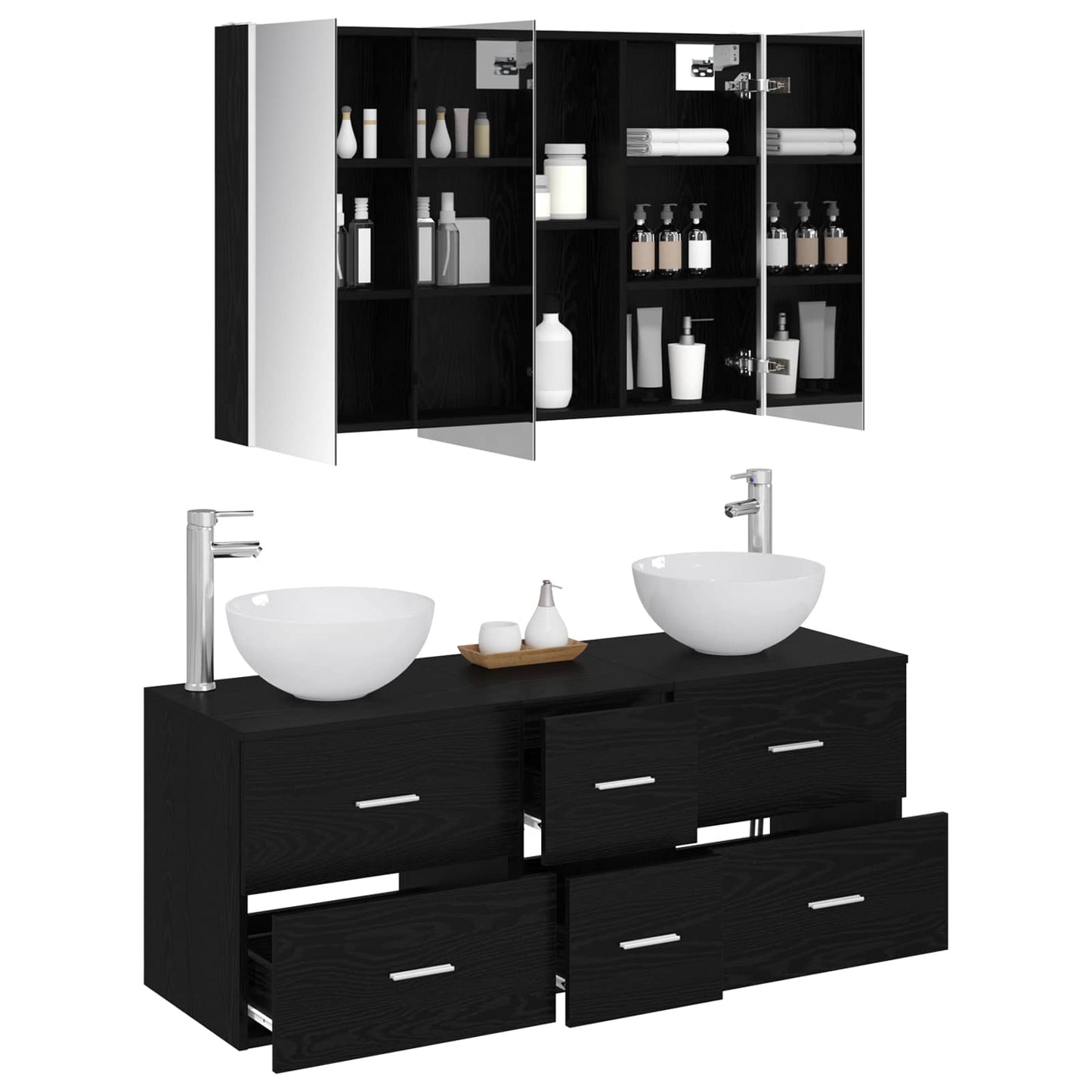 Badeværelsesmøbel sæt 4 stk. Sort eg Konstrueret træ og glas