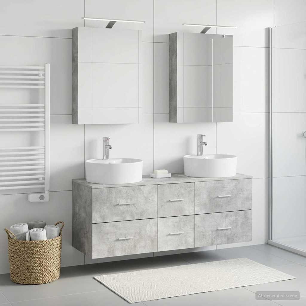 Badeværelsesmøbel sæt 5 stk. Betongrå Konstrueret træ og glas