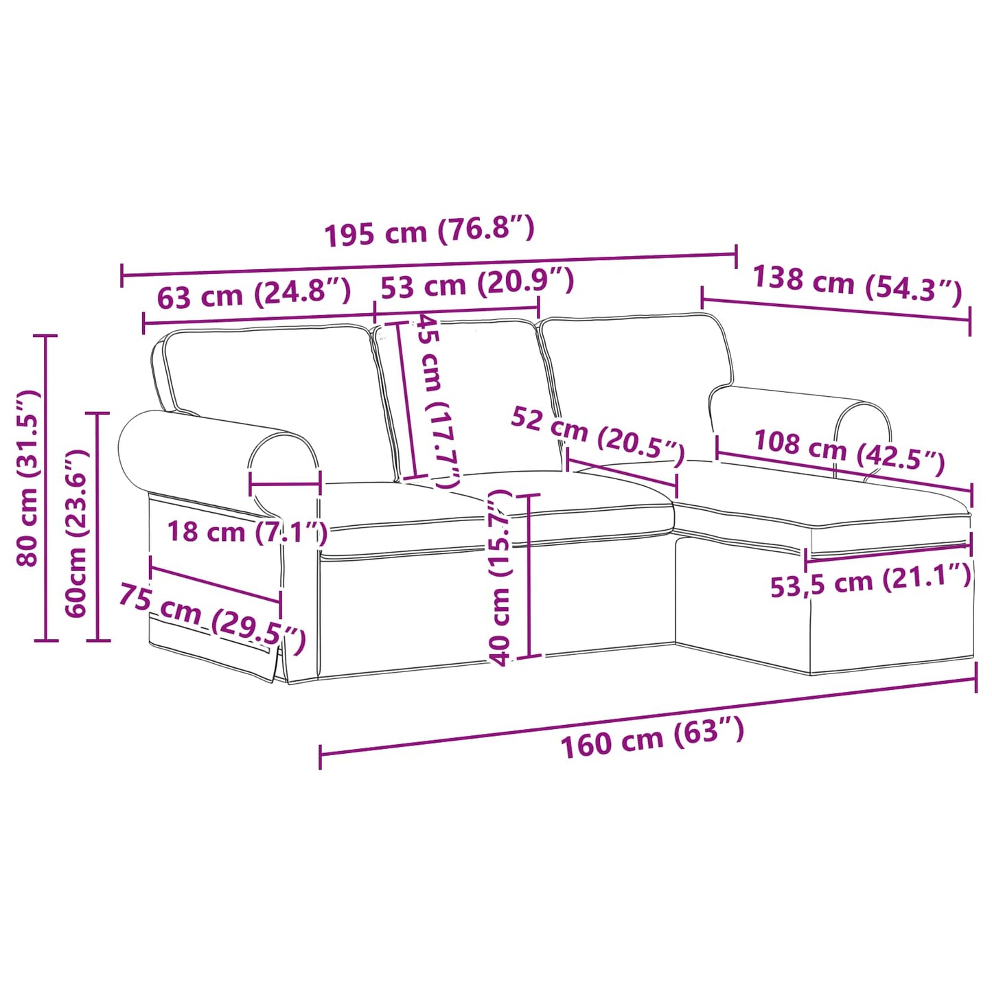 Sofa Sort 195 x 138 x 80 cm Stof