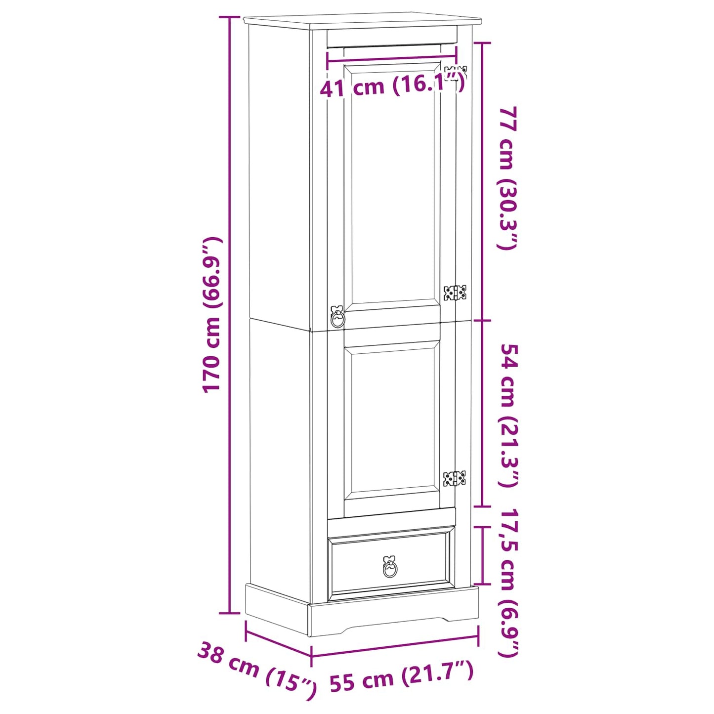 Garderober med skuffe Hvid 55 x 38 x 170 cm Massiv fyrretræ
