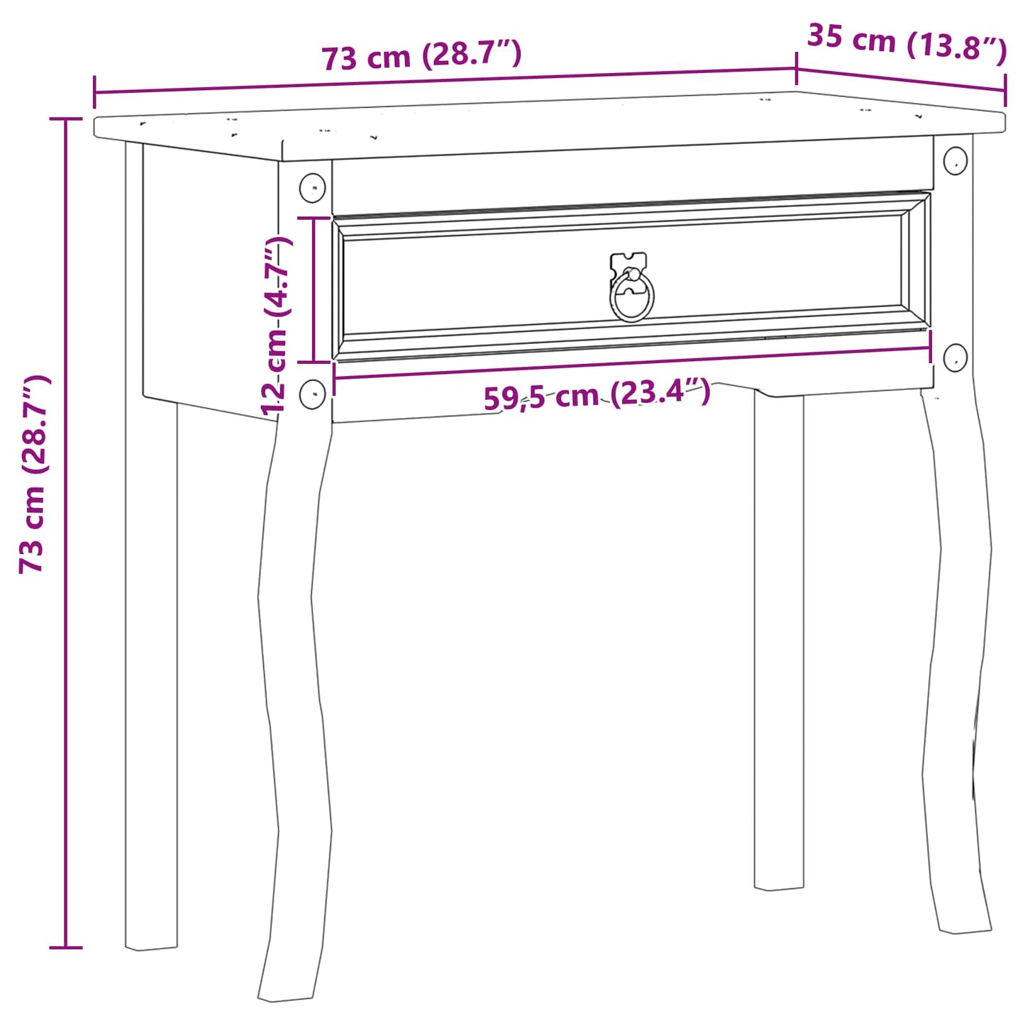 Konsolbord med skuffe Hvid 73 x 35 x 73 cm Massiv fyrretræ