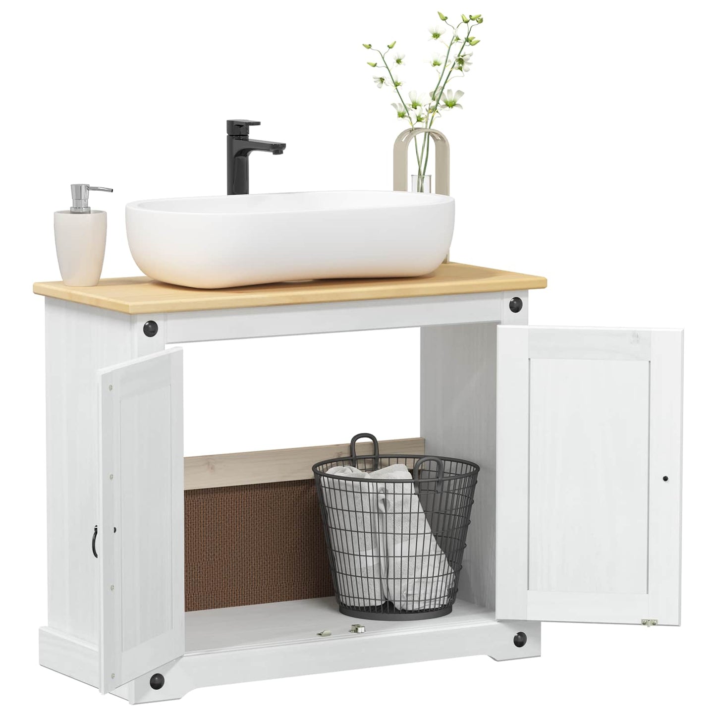 Vaskeskab med hylde Hvid 73 x 33 x 60 cm Massiv fyrretræ