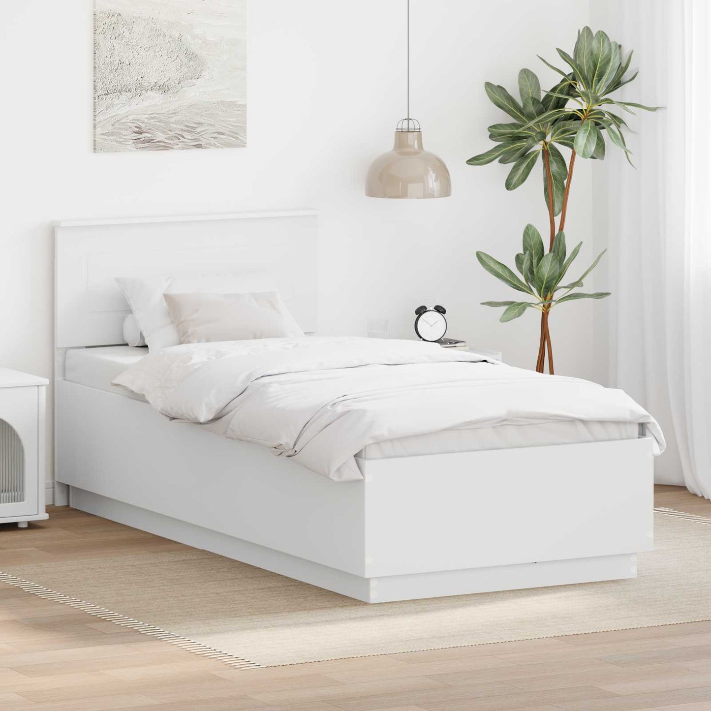 Sengestel med LED-lysstrimler Hvid 100 x 200 cm Konstrueret træ