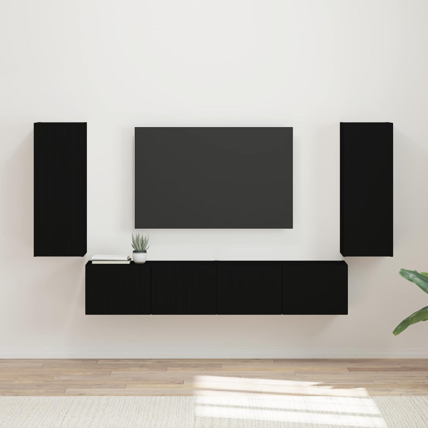 Tv vægskab sæt Vægmonteret 4 pcs Sort Konstrueret træ
