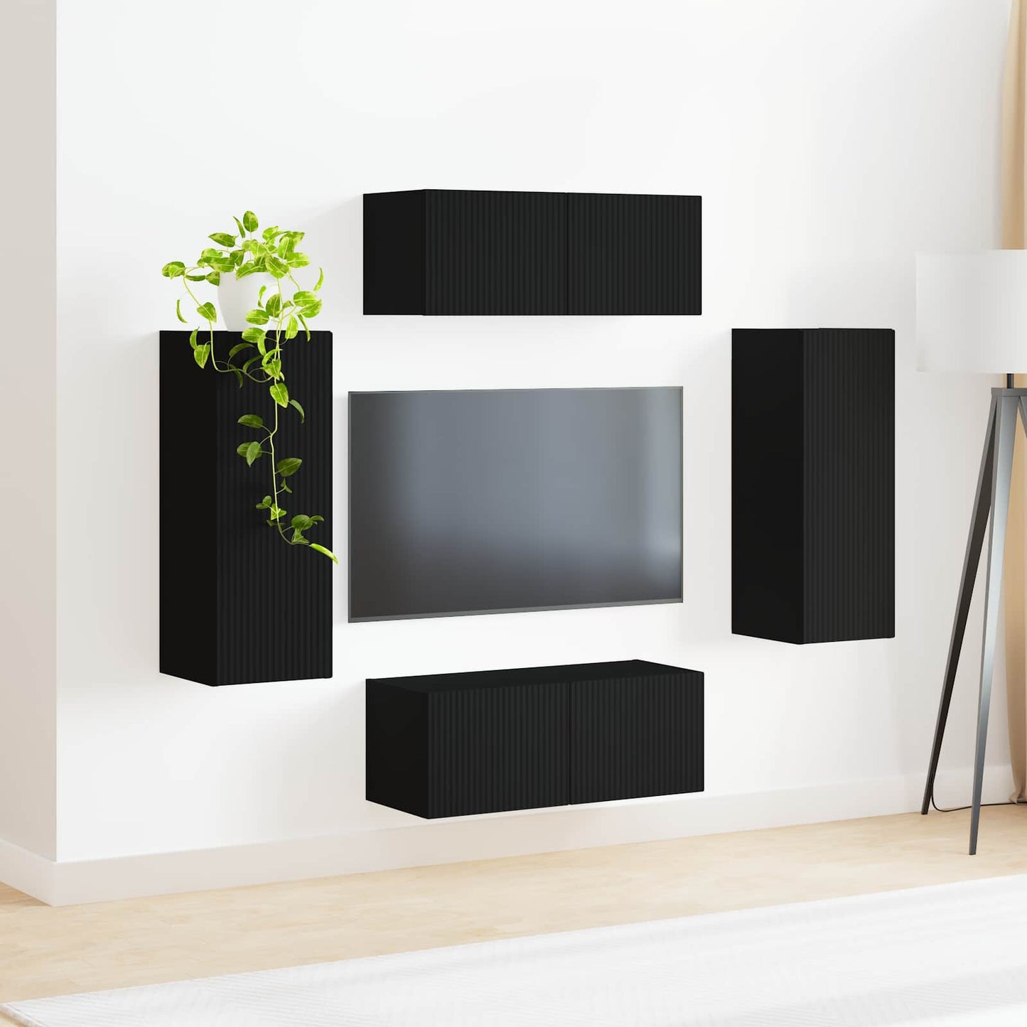 Tv vægskab sæt Vægmonteret 4 pcs Sort Konstrueret træ