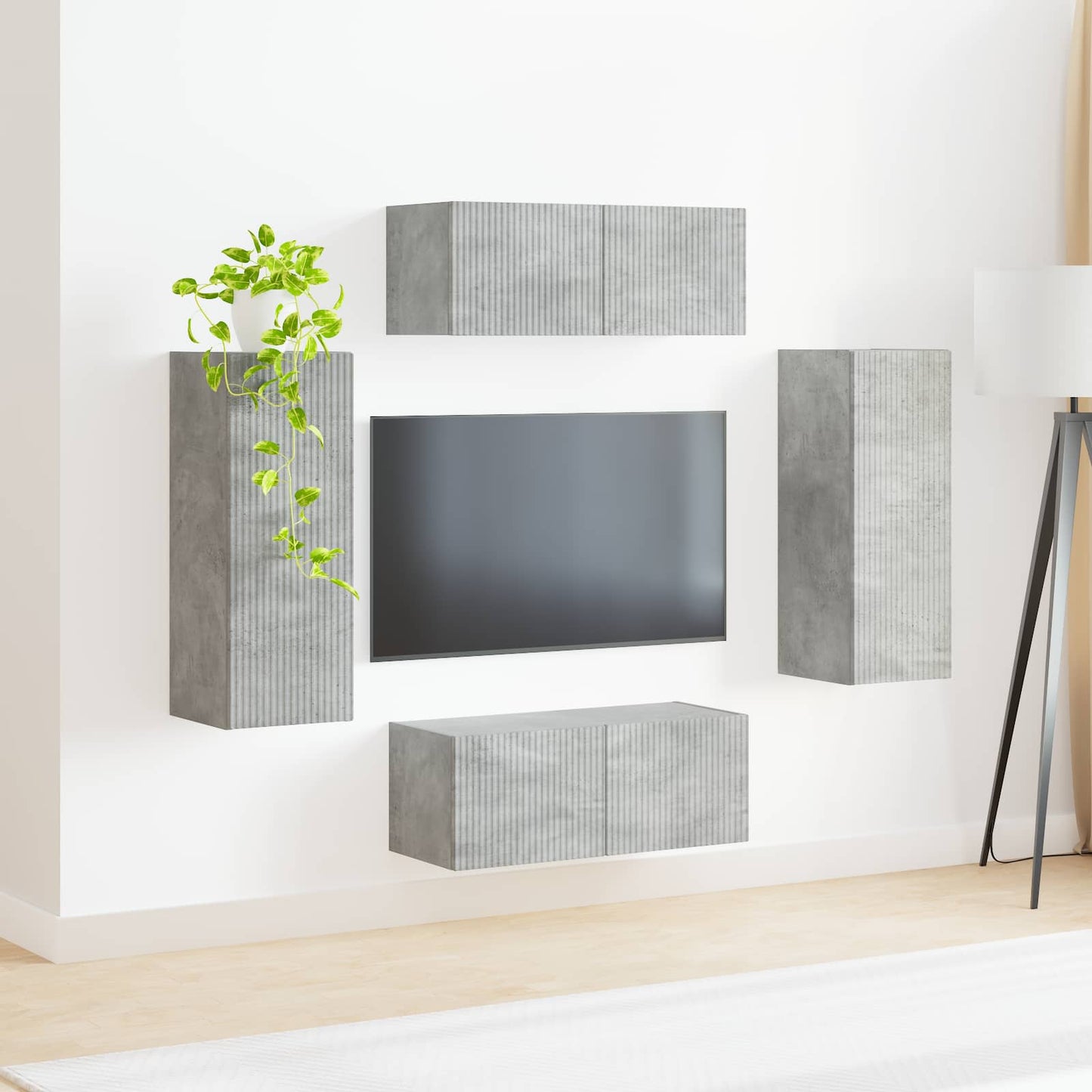 Tv vægskab sæt Vægmonteret 4 pcs Beton Grå Konstrueret træ
