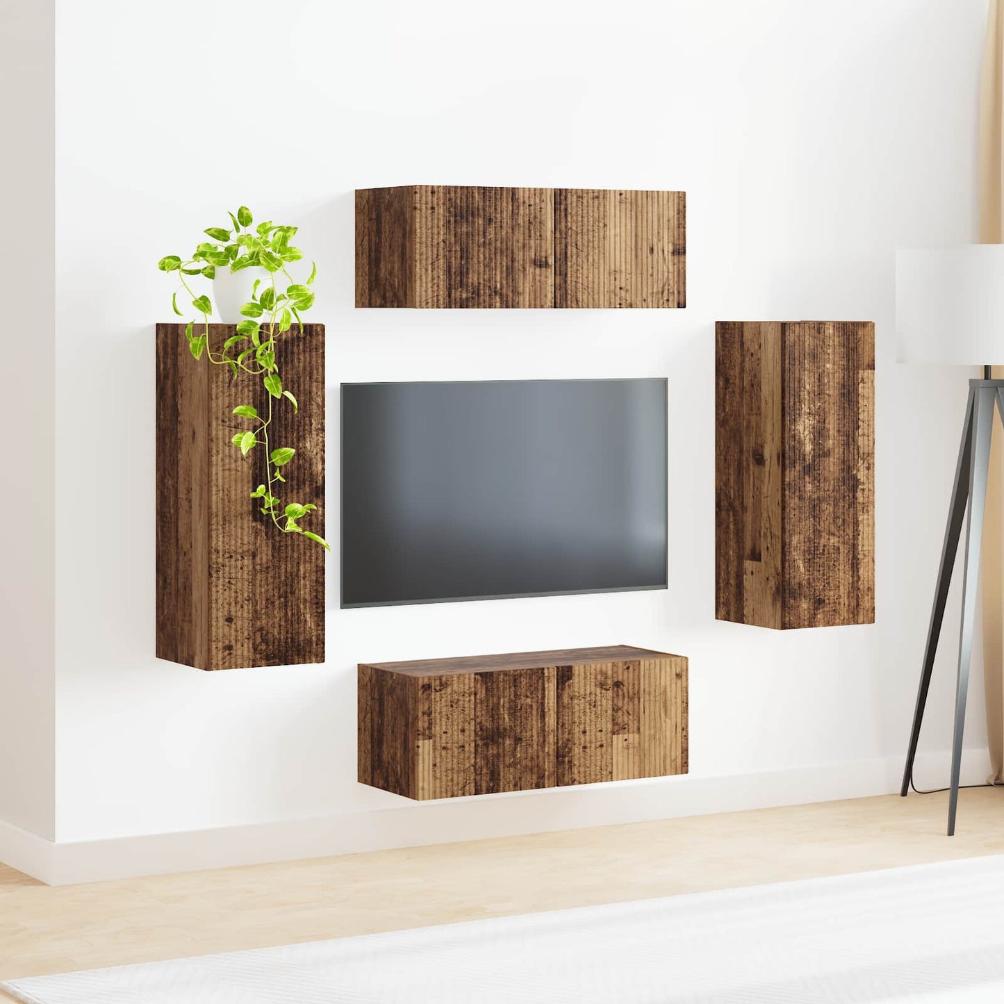Tv vægskab sæt Vægmonteret 4 pcs Gammelt træ Konstrueret træ