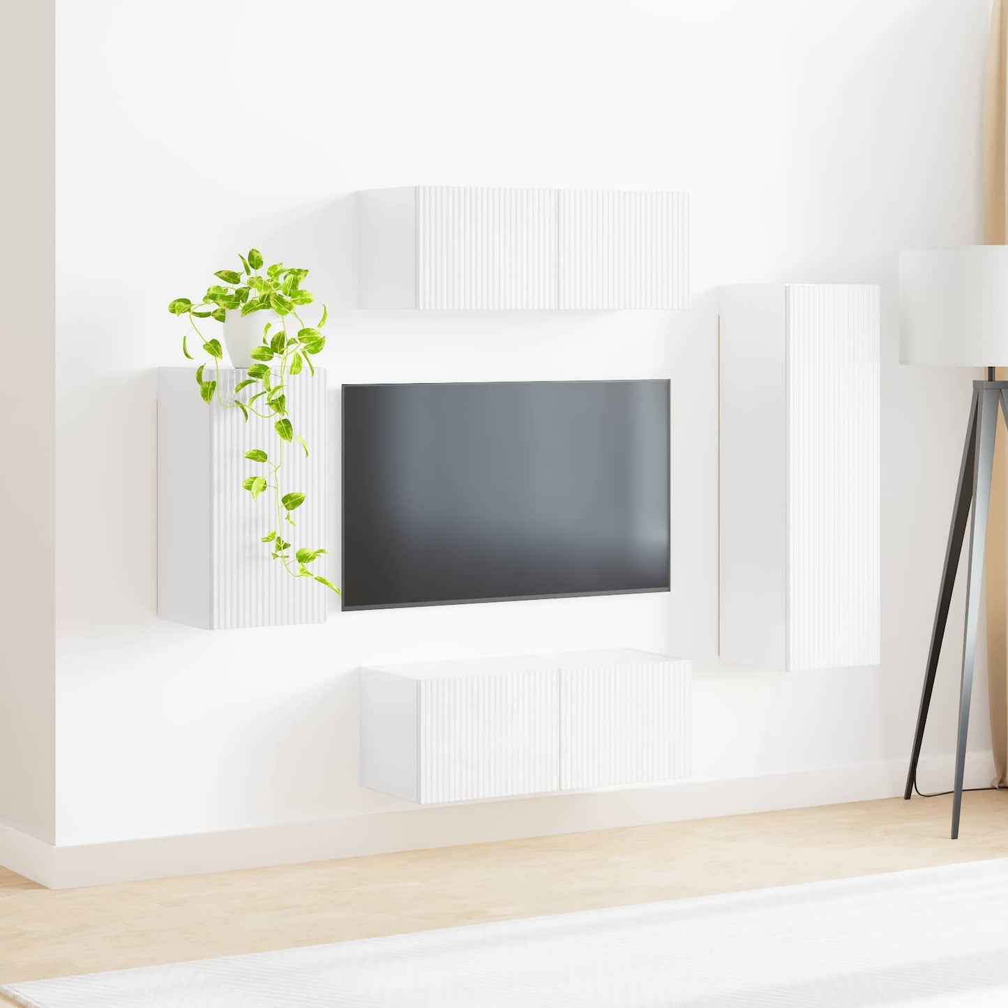 TV-møbelsæt Vægmonteret 4 pcs Høj gloss hvid Konstrueret træ