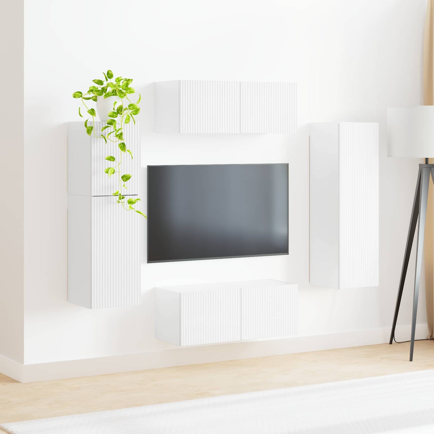 TV-møbelsæt Vægmonteret 4 pcs Høj gloss hvid Konstrueret træ