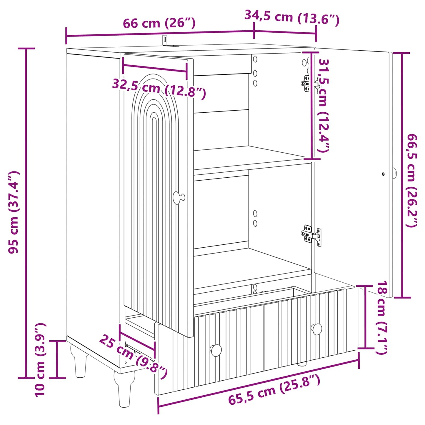 Sideboard med skuffe Sort 66 x 34,5 x 95 cm Konstrueret træ