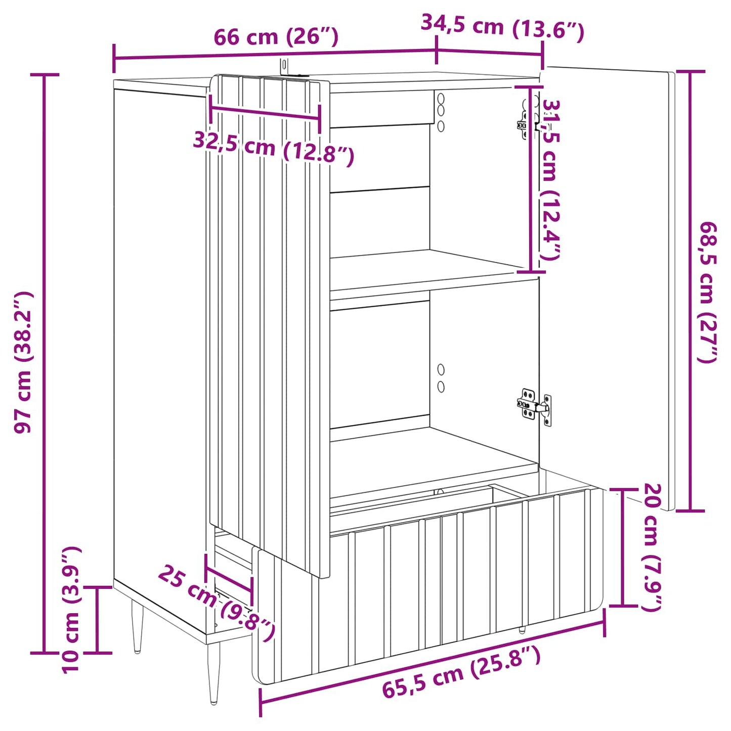 Sideboard med skuffe Sort 66 x 34,5 x 97 cm Konstrueret træ