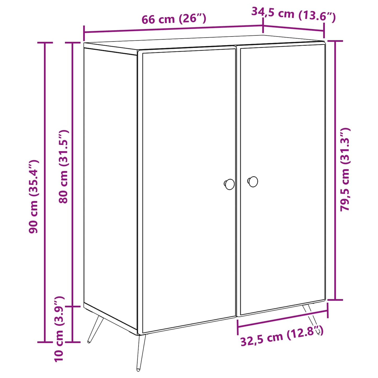 Sideboard Hvid 66 x 34,5 x 90 cm Konstrueret træ