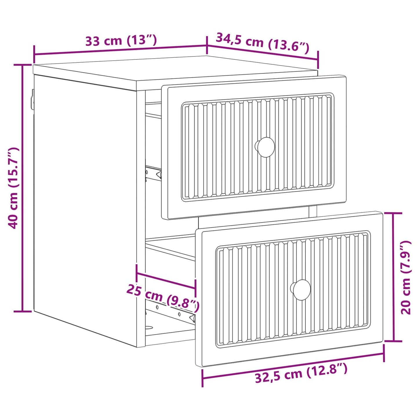 Væghængt Natbord med skuffe 2 pcs Betongrå 33 x 34,5 x 40 cm