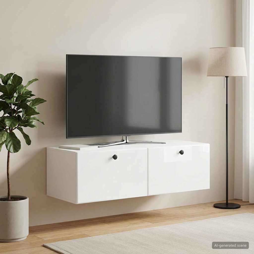 Væghængt TV-skab 98 x 41 x 30 cm Hvid højglans Konstrueret træ