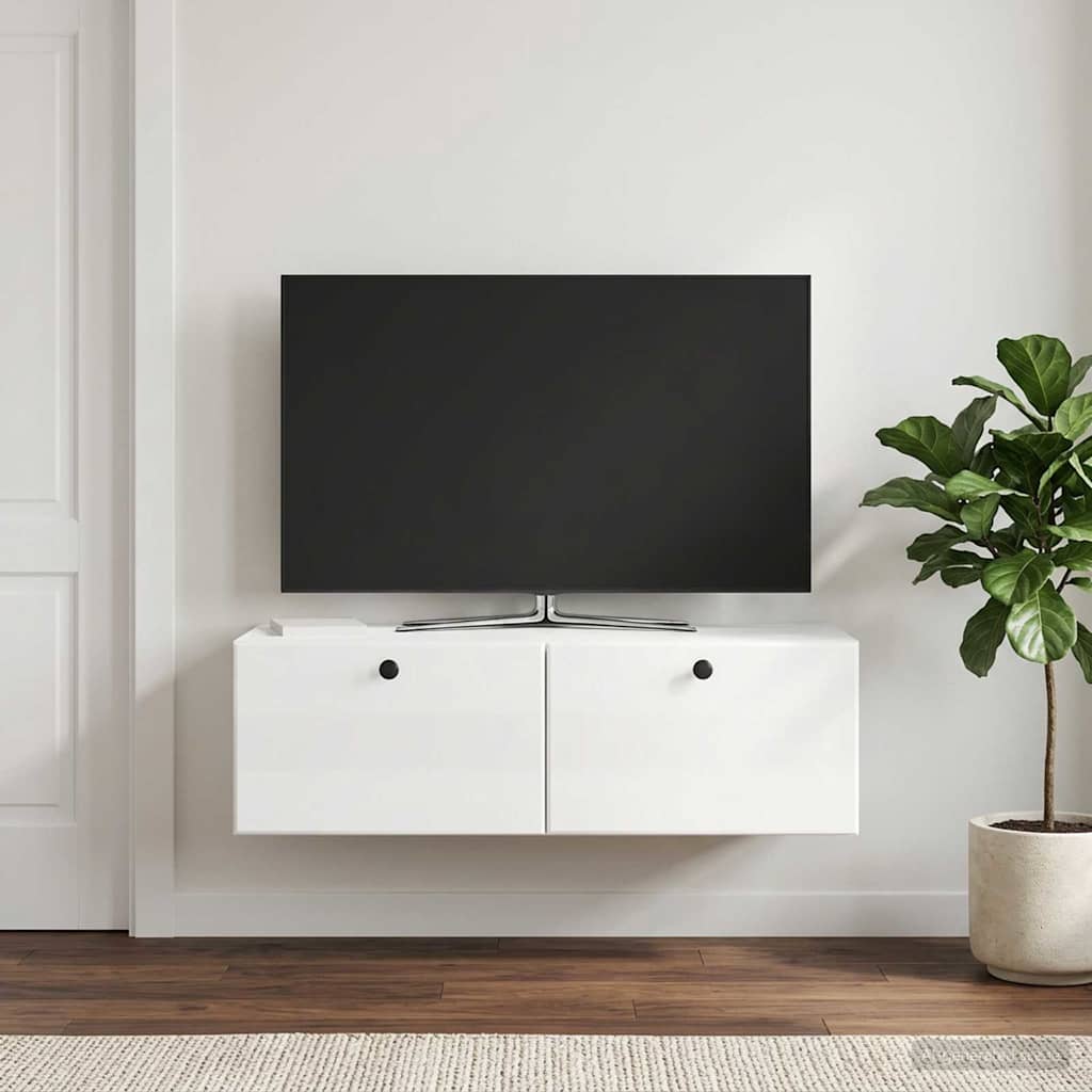 Væghængt TV-skab 98 x 41 x 30 cm Hvid højglans Konstrueret træ