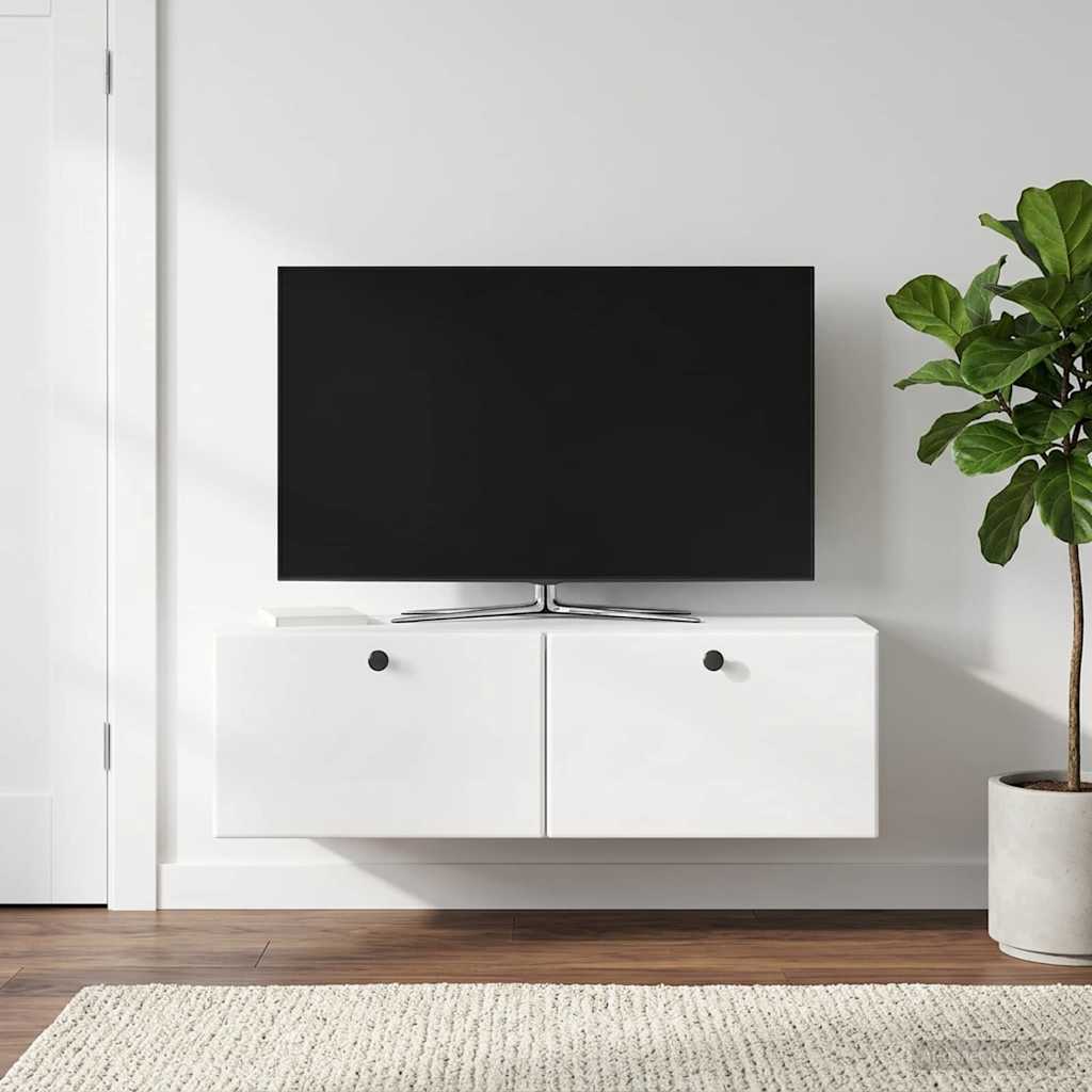 Væghængt TV-skab 98 x 31 x 30 cm Hvid højglans Konstrueret træ