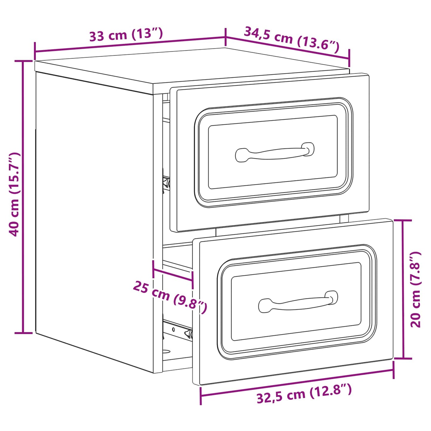 Væghængt Natbord med skuffe 2 pcs Betongrå 34,5 x 33 x 40 cm