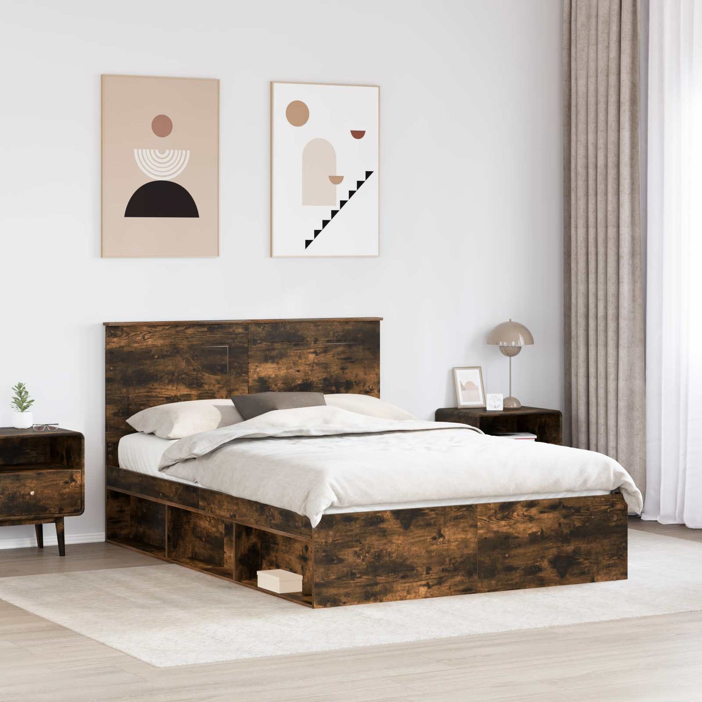 Sengestel med skuffe Røget eg 150 x 200 cm Massiv fyrretræ