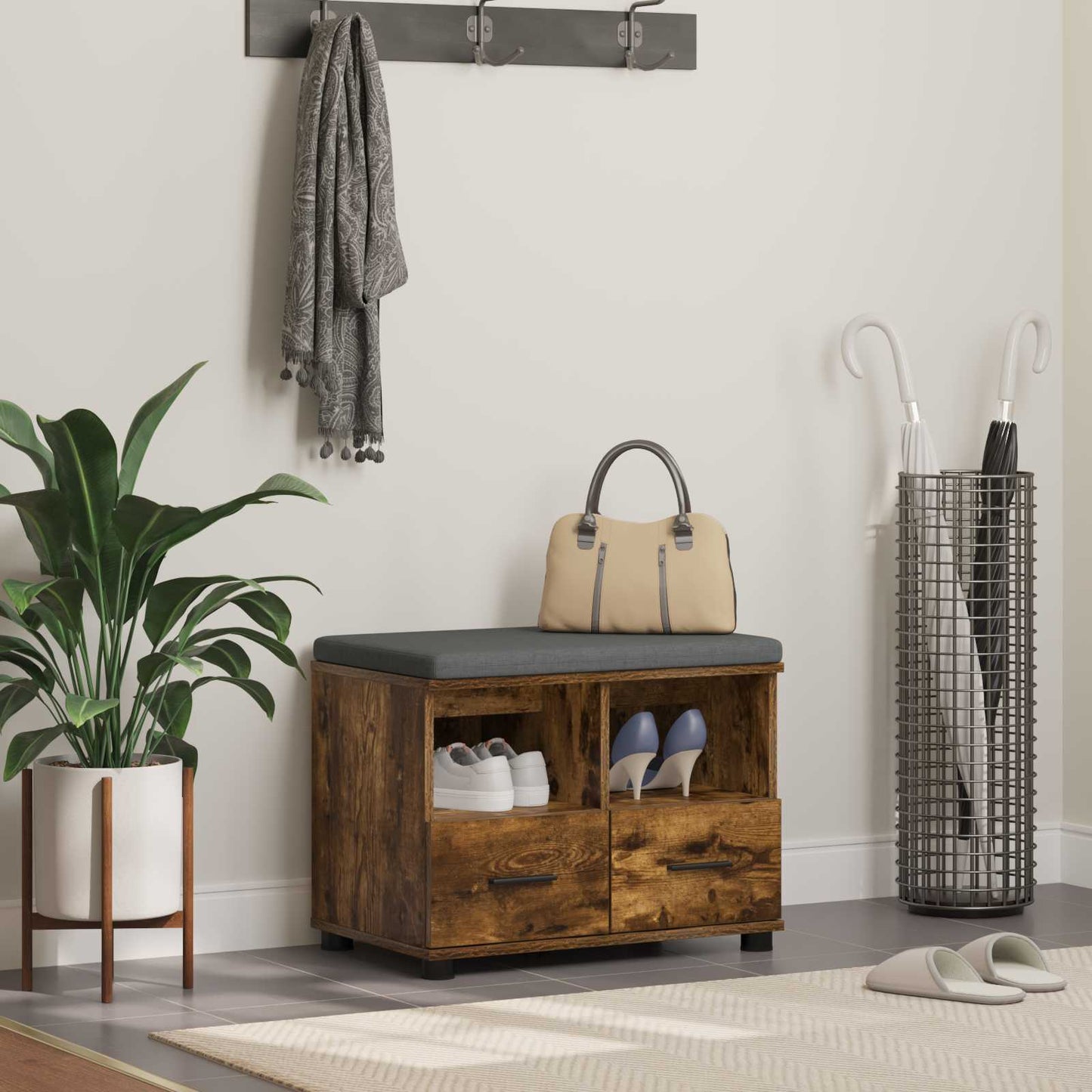 Hallbænk med pude Røget Eg 60 x 38 x 46 cm Kunstigt træ og stof