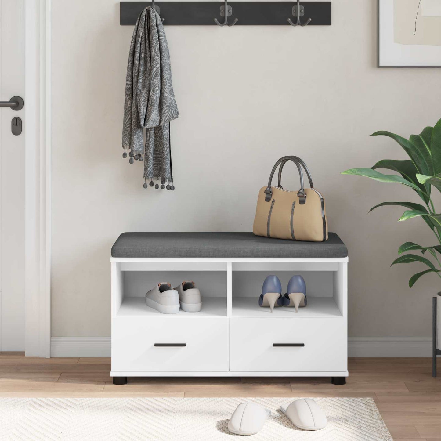 Hallbænk med pude Hvid 80 x 38 x 46 cm Kunstigt træ og stof