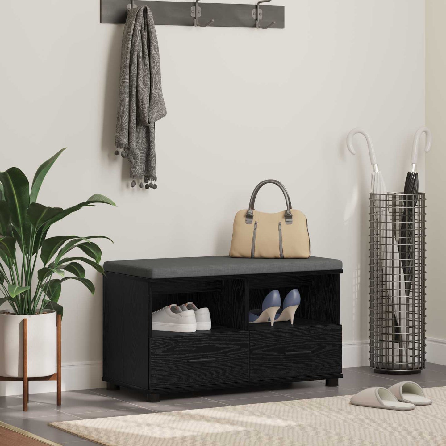 Hallbænk med pude Sort Eg 80 x 38 x 46 cm Kunstigt træ og stof