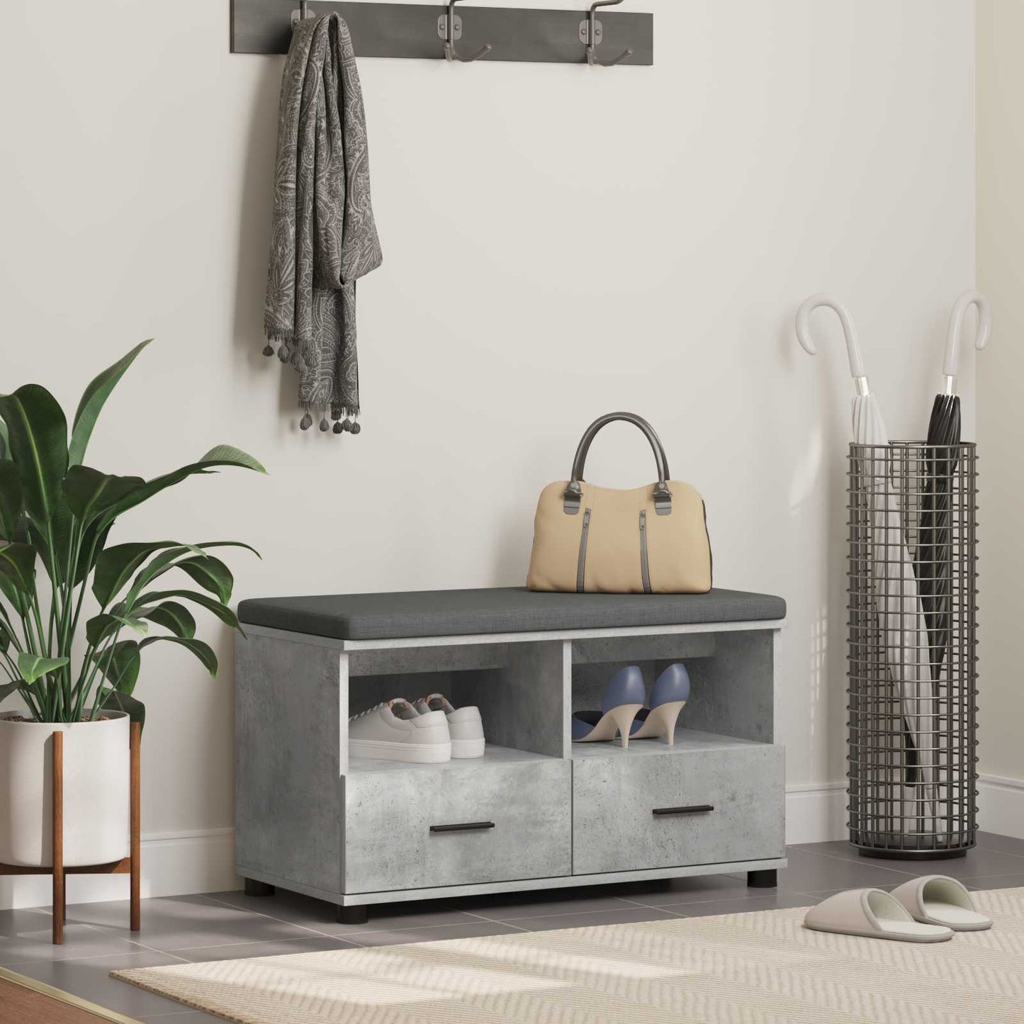 Hallbænk med pude BetonGrå 80 x 38 x 46 cm Kunstigt træ og stof