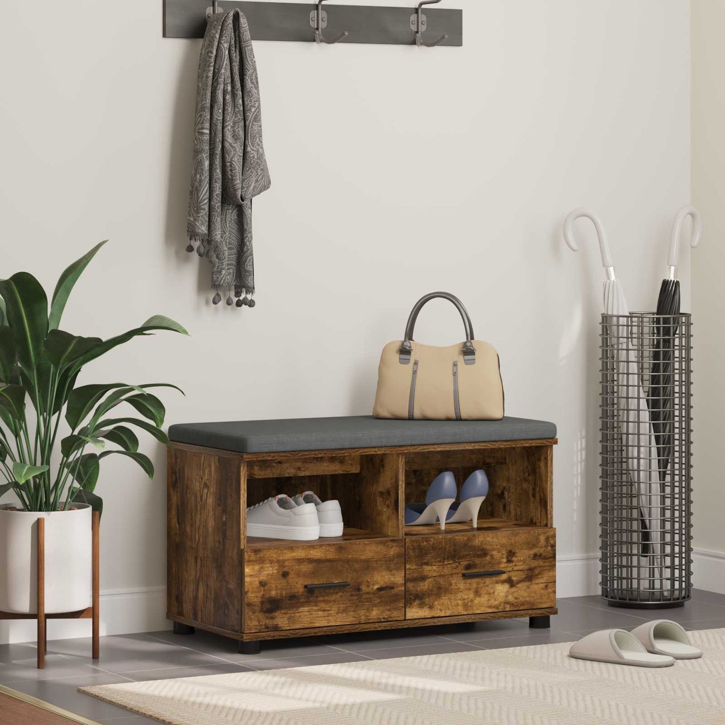 Hallbænk med pude Røget Eg 80 x 38 x 46 cm Kunstigt træ og stof