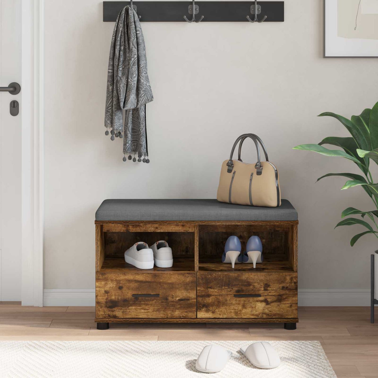 Hallbænk med pude Røget Eg 80 x 38 x 46 cm Kunstigt træ og stof