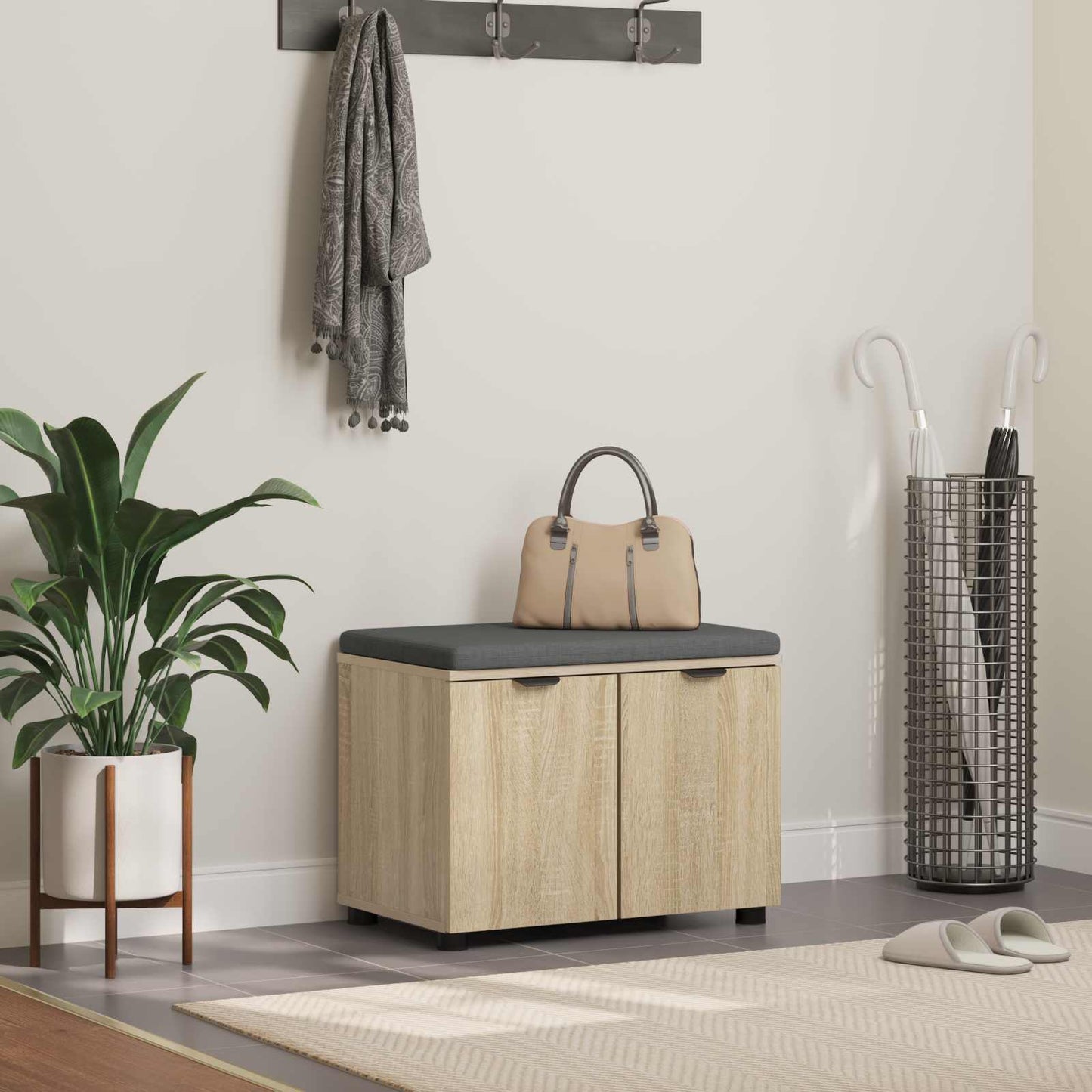 Hallbænk med dør Sonoma eg 60 x 38 x 46 cm Kunstigt træ og stof