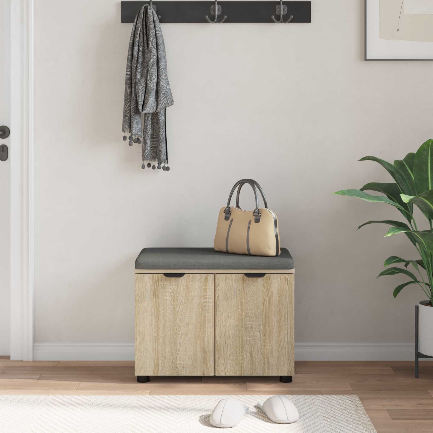 Hallbænk med dør Sonoma eg 60 x 38 x 46 cm Kunstigt træ og stof