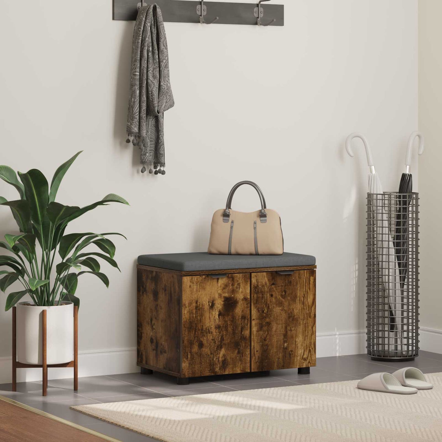 Hallbænk med pude Røget Eg 60 x 38 x 46 cm Kunstigt træ og stof