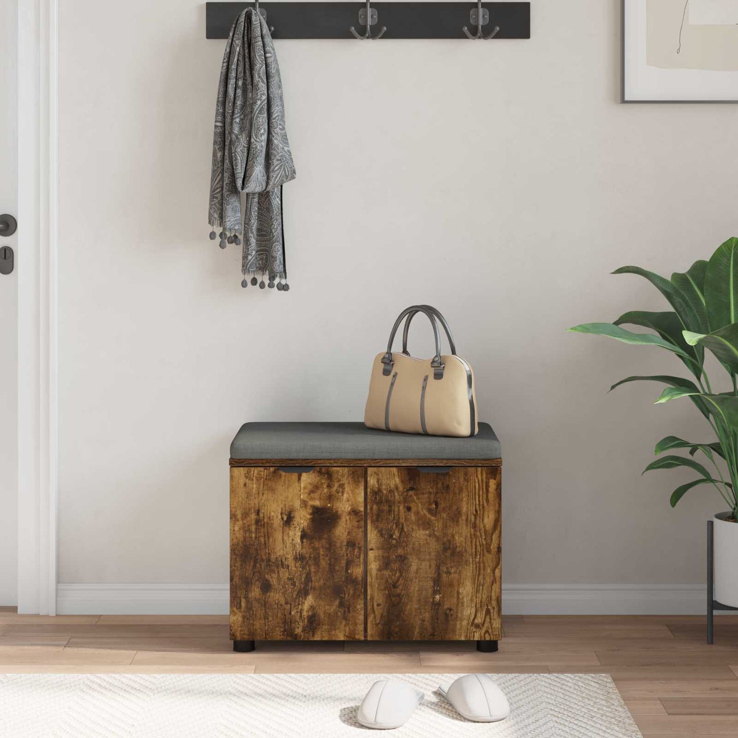 Hallbænk med pude Røget Eg 60 x 38 x 46 cm Kunstigt træ og stof