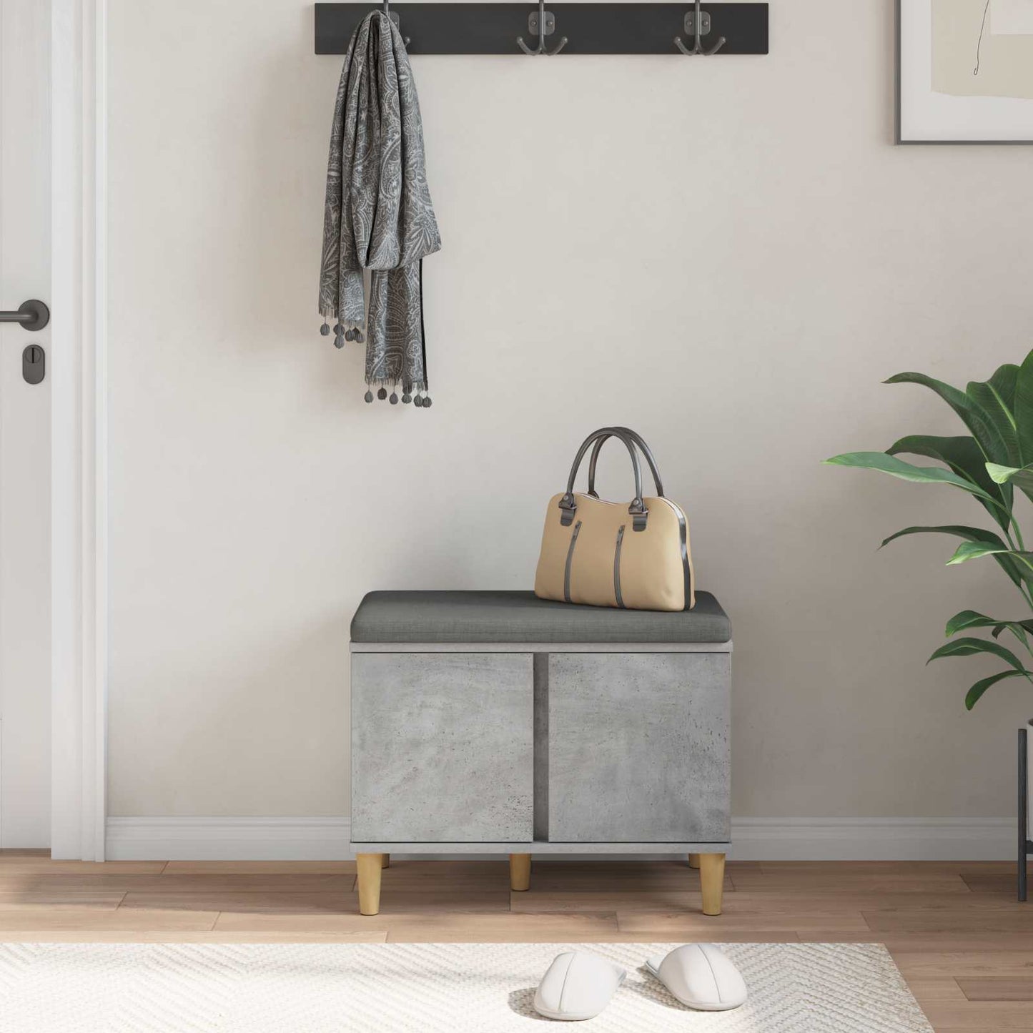 Hallbænk med pude BetonGrå 60 x 38 x 46 cm Kunstigt træ og stof
