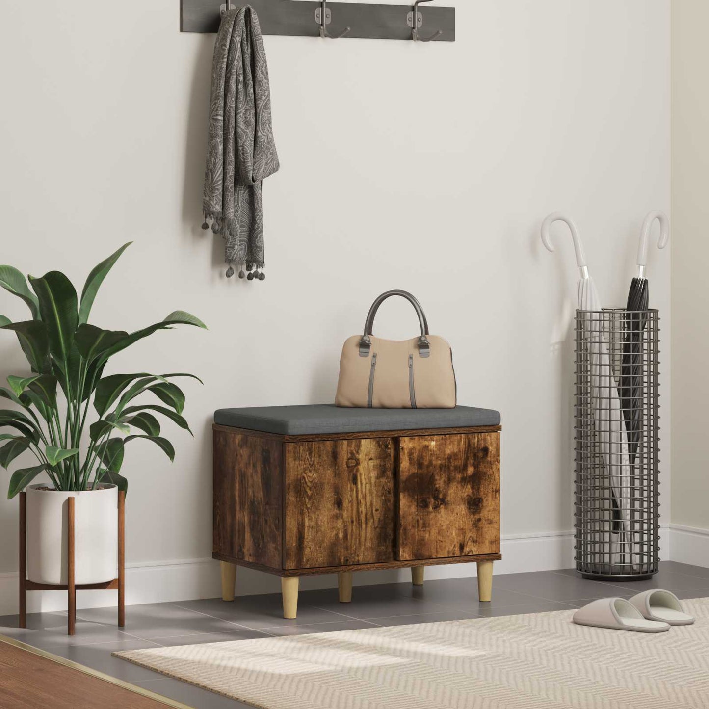 Hallbænk med pude Røget Eg 60 x 38 x 46 cm Kunstigt træ og stof